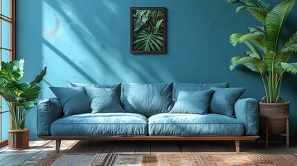 Blue sofa and indoor plants in a sunlit room with minimalist decor. Calm and modern home design