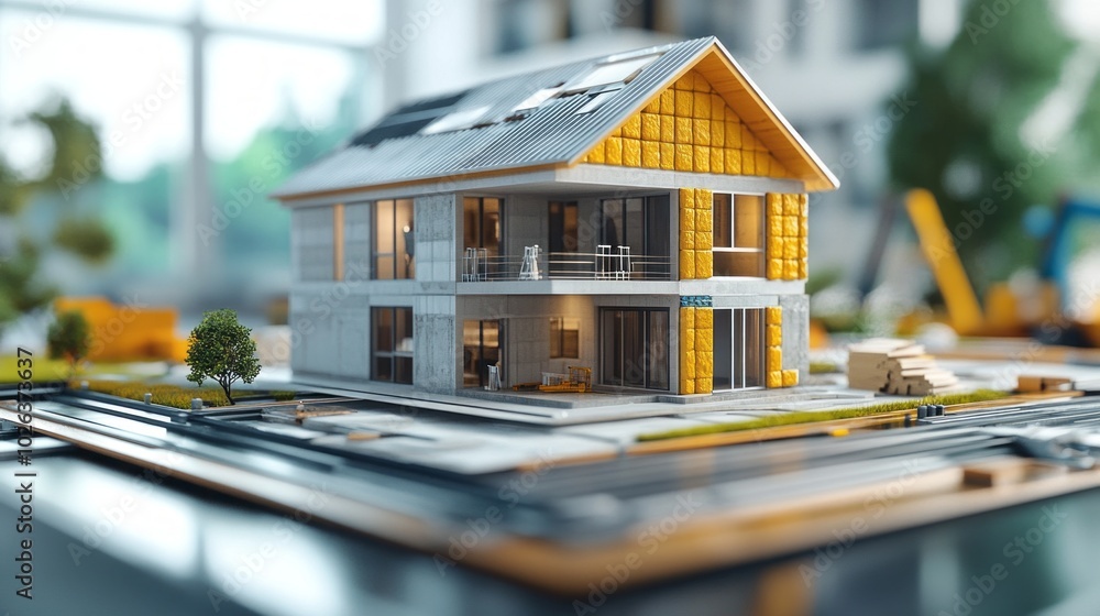 Poster A model of a house with a yellow roof and a tree in front of it