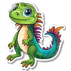 Fototapeta premium A cute cartoon lizard sticker on a white background, featuring colorful scales, a playful design, and vibrant colors in a vector illustration style.