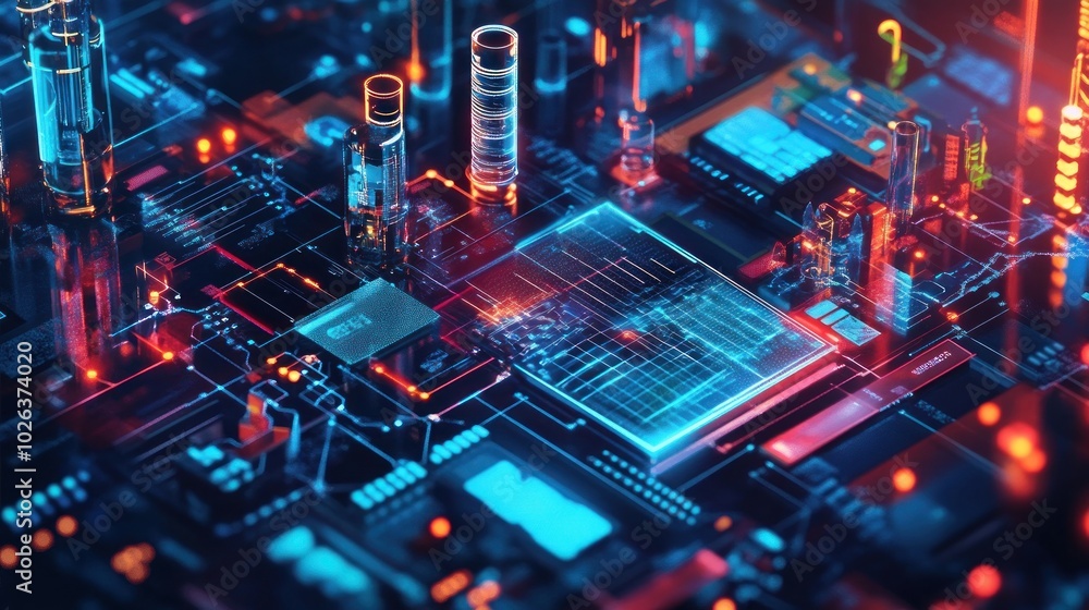 Poster abstract digital circuit board with glowing blue and red lines, showing the concept of data processi