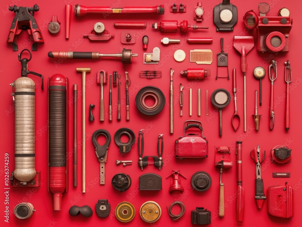 Poster a flat lay of various red tools and objects arranged on a red background.
