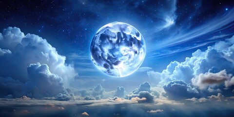 Nighttime sky panoramic with bright full moon and clouds