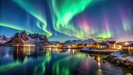 Printed kitchen splashbacks Nighttime view of the Aurora Borealis over Henningsvaer