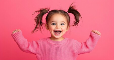 Happy Little Girl with Pigtails raise her hands and Smiling on Pink Background