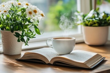 Cozy Coffee and Book in a Sunny Window Scene