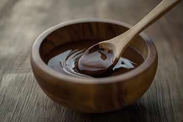 Melted chocolate in wooden bowl with spoon.