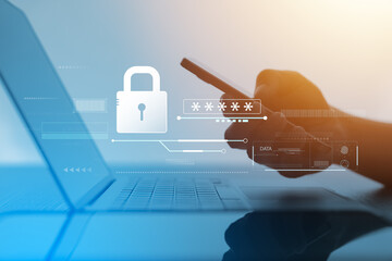 Cyber ​​network security and data protection on the internet, businessman using security...