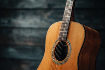 Obraz premium Acoustic Guitar Against Dark Wooden Background