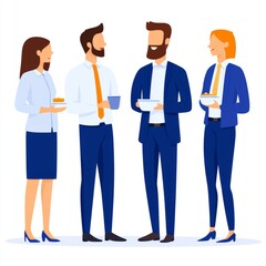 Four professionals engaging in conversation with food and drinks.