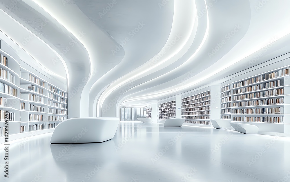 Wall mural Futuristic public library interior design, clean blank wall space for signage, ergonomic study tables, and hightech lighting fixtures, 3D rendering