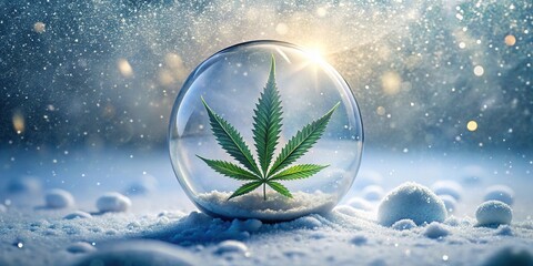 Snow globe with minimalist marijuana leaf and snowflakes background