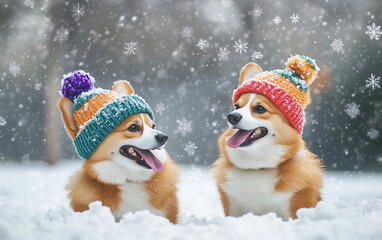 Two Cute Corgi Dogs in Colorful Hats, Sitting and Smiling in a Snowy Landscape