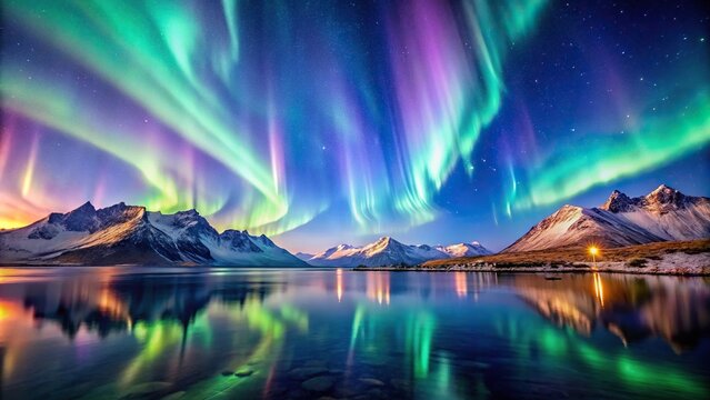 Northern lights scene with colorful lights, mountains, wide-angle