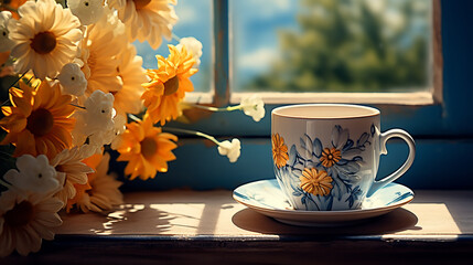 A cup containing a cup of flowers in front
