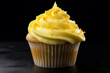 A cupcake with a yellow frosting