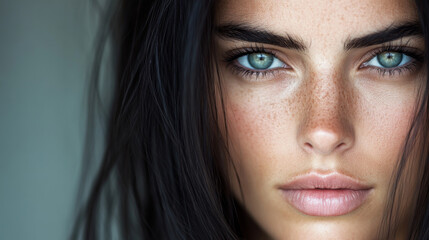 Fototapeta premium Close-up portrait of a woman with striking blue eyes and natural beauty captured indoors
