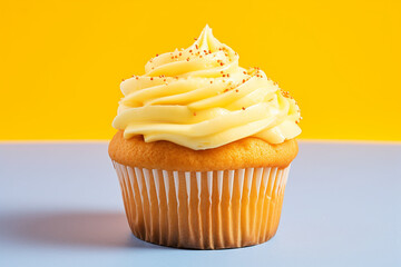 A cupcake with a yellow frosting