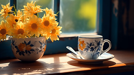 A cup containing a cup of flowers in front