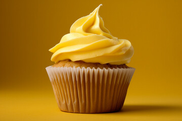 A cupcake with a yellow frosting