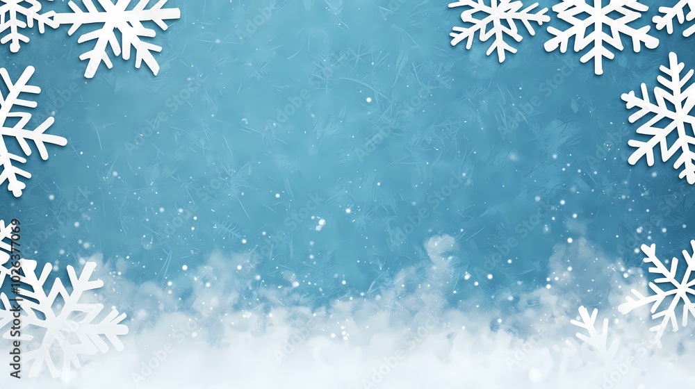 Poster the image shows a blue background with white snowflakes scattered on the top and bottom with a gradi