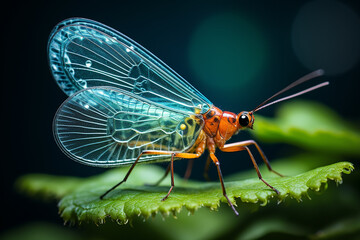 A delicate lacewing insect is perched