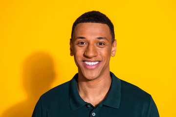 Photo of nice young man toothy smile wear pullover isolated on bright yellow color background