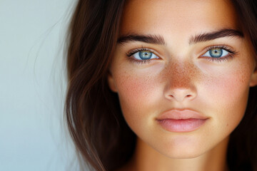 Obraz premium A young woman with striking blue eyes and natural beauty poses against a soft background
