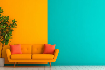 Bright and colorful living room with turquoise and orange walls and a stylish couch