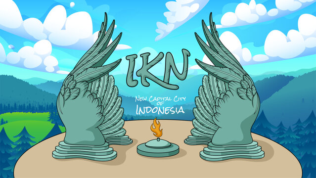 Statue of Kusuma Bangsa Cartoon, New Capital City Nusantara Indonesia, Vector Illustration