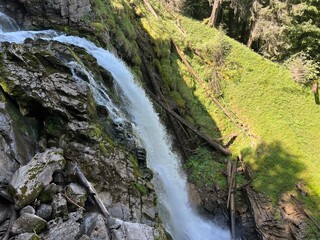 Giessbach Falls in the eponymous nature park and over Lake Brienz - Giessbachfälle (Giessbachfaelle) im gleichnamigen Naturpark und über dem Brienzersee-Canton of Bern, Switzerland (Schweiz)
