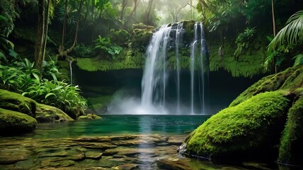 waterfall cascading down moss-covered rocks into a crystal-clear pool surrounded by lush, vibrant green jungle, with mist rising in the air and soft sunlight piercing through the canopy above.