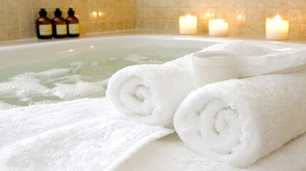 A tranquil home spa setup with a bubble bath, candles, essential oils, and a cozy robe draped over a chair