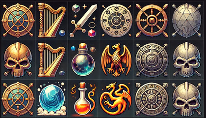 Golden Icons with Swords Dragons Shields and Magic Potions