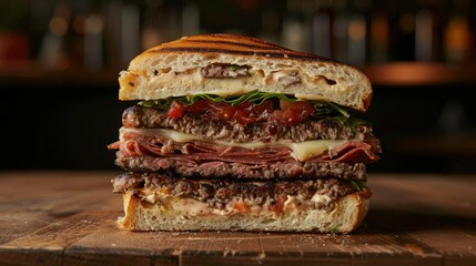 A gourmet burger sliced in half to reveal layers