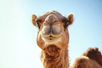 Close-up of a Camel's Face Against Blue Sky