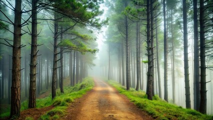 Obraz premium Tall pine trees in fog along path
