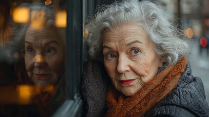 Man and a woman are standing next to each other, both wearing scarves. The man is wearing a brown hat and the woman is wearing an orange scarf.old man and old woman sitting by the window in a cafe.