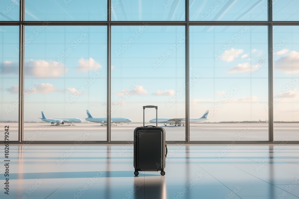 Wall mural luggage in bright airport terminal with planes visible through large windows.