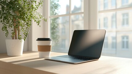 Laptop on a wooden desk near a coffee cup and a potted plant by a window.