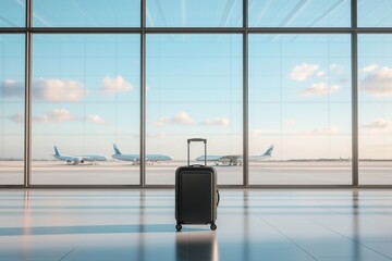 Luggage in bright airport terminal with planes visible through large windows.