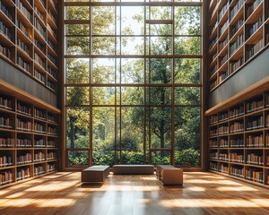 Spacious public library interior featuring contemporary style, blank wall area for posters or murals, large windows, and wellorganized book stacks, 3D rendering