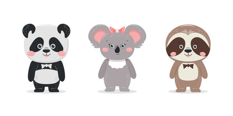 A set with animals on a white background. Funny panda, koala, sloth. Vector design.
