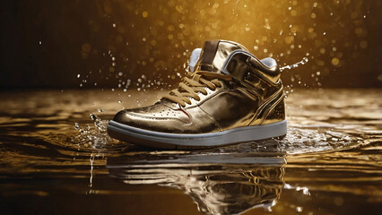 Creative product mockup of a stylish gold sneaker. Mockup of a trendy sneaker design, representing creativity in fashion and footwear. Sneaker falls into the water with a splash of drops