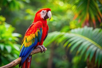 Colorful scarlet macaw perched on branch