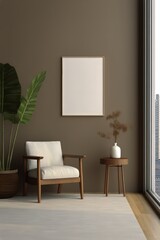 Cozy interior with modern armchair, potted plant, and large window view