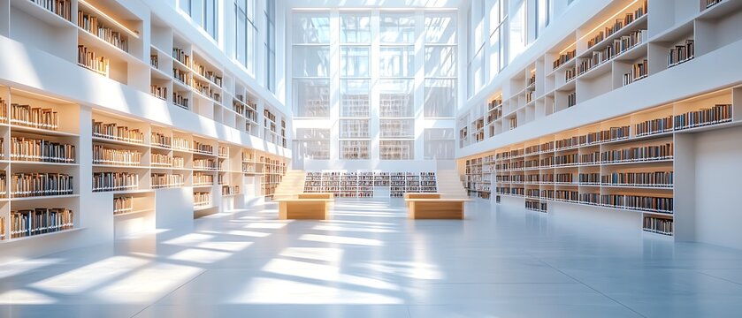 Contemporary public library interior with an open gallery area, empty walls for exhibits, stylish lighting, and organized reading spaces, 3D rendering
