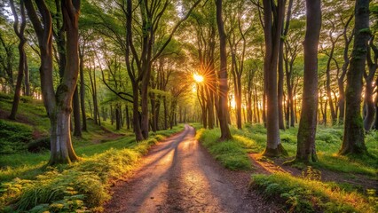 Obraz premium Soothing view of sun setting in lush forest on Bornholm Island