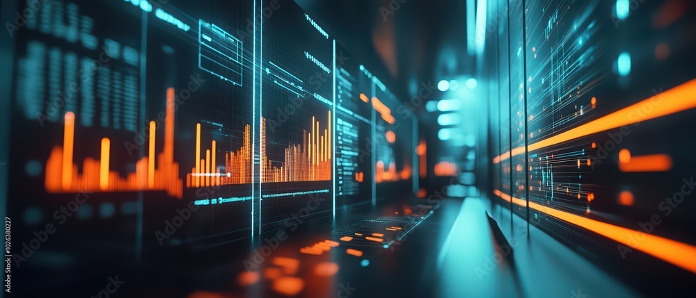 Poster futuristic data visualization with vibrant graphs and digital screens on a glowing background, repre
