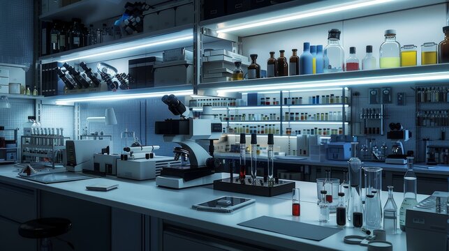 Advanced clinical laboratory setting featuring microscopes, centrifuges, and soft lighting design.
