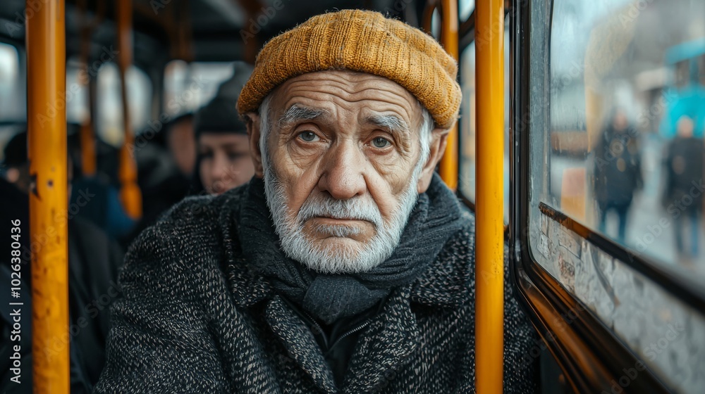 Poster man sits in a yellow bus with a crowd of people around him. the man is looking out the window, and t